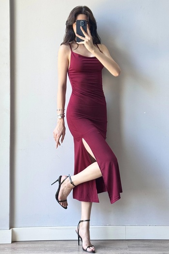 Eka Women's Burgundy Strap Slit Long Dress 1009-1034