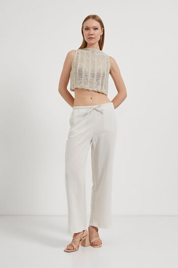 Arma Life Women's Linen Look Elastic Casual Ecru Trousers