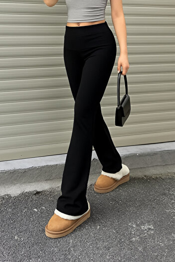 mlio Regular Waist Flared Leg Trousers Flare Pantalon Elastic Waist