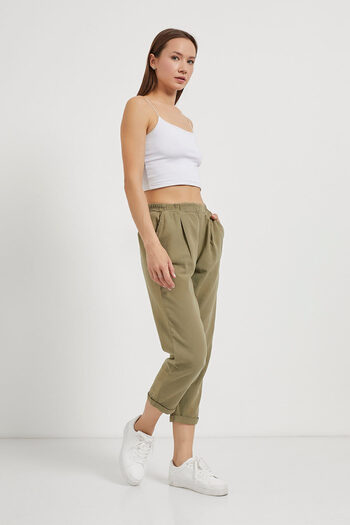 Arma Life Women's Elastic Waist Loose Linen Khaki Carrot Trousers