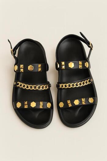 Madamra Black Women's Brown Chain and Gold Metal Detailed Summer Bohemian Stylish Thick Sole Sandals