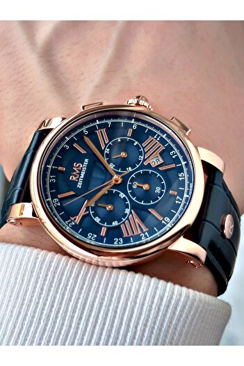 Romanson Functional Leather Cord Navy Blue-Copper Color Sapphire Glass Steel Case Men's Wrist Watch 1134.02Mr