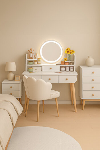 HEPSHOP 1.sınıf Kalite (%100 MDF) Aura Led Işıklı Ayna Ile Modern Makyaj Masası, Tuvalet Masası (MM-1001B)