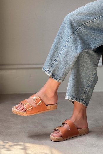 NİŞANTAŞI SHOES Дамски чехли Michelle Taba от естествена кожа с матова плоска подметка и двойна катарама