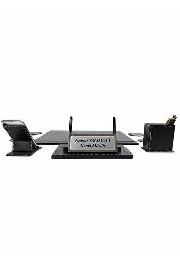 prozenis Black Leather Desk Set with Balat Name Tag Desk Set