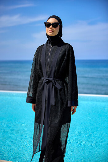 Marina Black Tulle Kimono – Stylish, Lightweight and Full Length Hijab Beach Pareo P2501-1