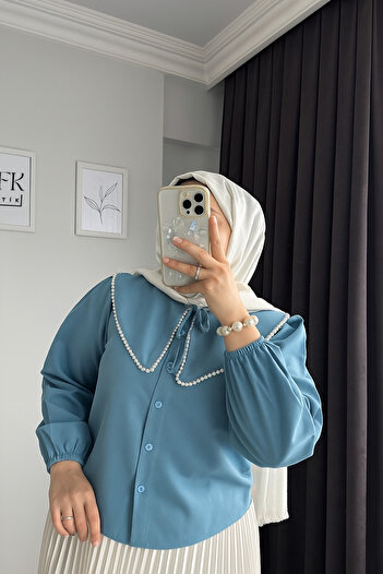 Refika Butik Cămașă de damă Baby Collar Pearl Fusta Top Design Bondi Blue