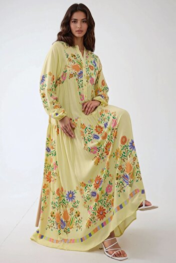 Hiccup Button Detailed Printed V-Neck Modest Dress
