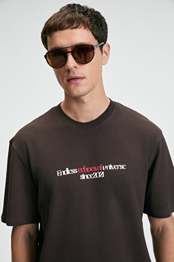 GRIMELANGE Baggy Men's 100% Cotton Oversize Fit Printed Short Sleeve Round Neck Brown T-Shirt