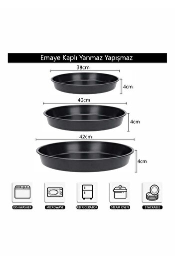 COOK-LAB 38-40-42 Cm 3'lü Siyah Parlak Emaye Yuvarlak Fırın Tepsi Seti