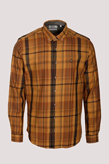 NCS Men's Shirt Camel Long Sleeve Plaid Checked Flannel Wool Button-Down Slim Fit Button-Down Collar Shirt Jeans 727