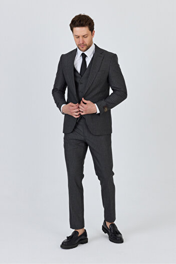 Frappoli Ateca Men's Dark Grey Italian Striped Jacket+Pants+Vest Slim Fit Suit