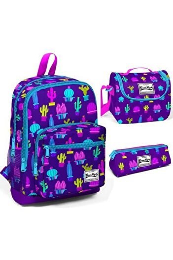 Yaygan Coral High Four Compartment Cactus Patterned School Backpack Nutrition Pencil Holder Set 23108