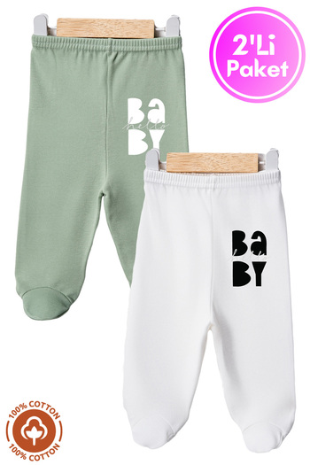 Miniel Unisex Baby Baby Printed Combed Organic Cotton 0-6 Months Baby Pants with Booties Single Bottom Set of 2