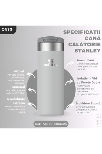 Stanley Stanley Aerolight Transit Insulated Mug 470ml 18/8 Stainless Steel, Leakproof Lid, Grey