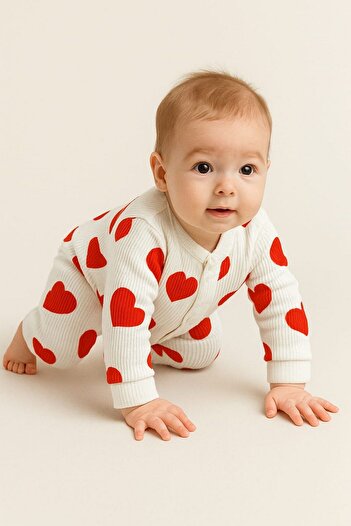 dinamik çocuk Heart Printed Baby Girl Romper - 100% Cotton, Flexible, 1-3-6 Months