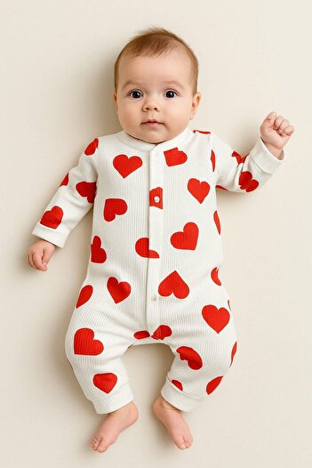 dinamik çocuk Heart Printed Baby Girl Romper - 100% Cotton, Flexible, 1-3-6 Months