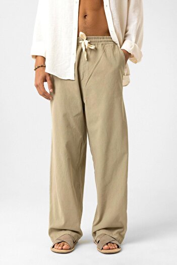 VAMOSCLO Elastic Waist Baggy Fit Linen Trousers Light Khaki