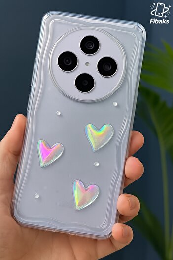 Fibaks Xiaomi Redmi 14C Case 3D Heart Pearl Design Patterned Camera Protection Transparent Silicone Cover