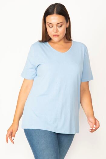 Şans Women's Large Size Blue Cotton Fabric V-Neck Short Sleeve Blouse 65n29546