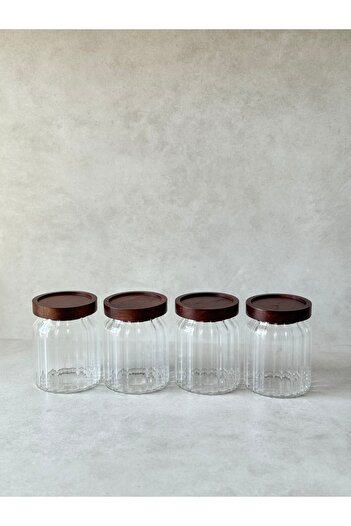 Dekorzdükkan Set of 4 Acacia Vacuum Lid Striped Model Jars (400ml)