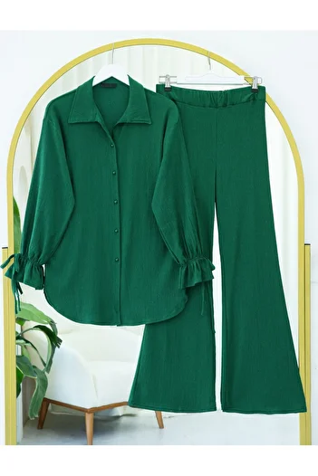 Modamorfo Crinkle Suit with Sleeve Laced Ball Button Trousers - Emerald
