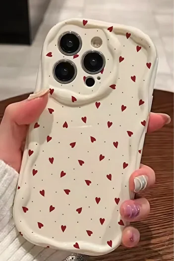 Fibaks iPhone 11 Pro Max Case Camera Protected Red Heart Pattern Silicone Cover with Wave Edge