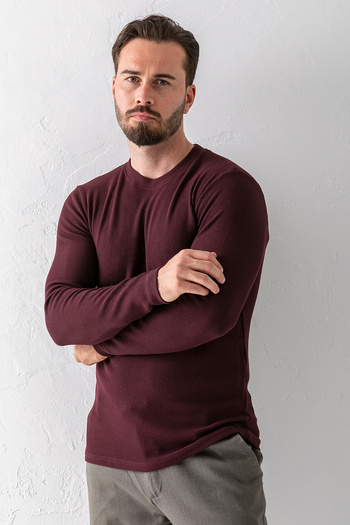 JB John Borners Men's Burgundy Crew Neck Slim Fit Stretchy Waffle Fabric Textured Long Sleeve T-Shirt - 5073-2