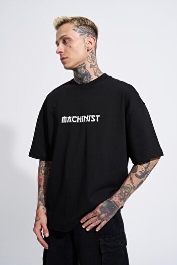 Machinist Men's Crane Patch Printed Oversize Black T-Shirt