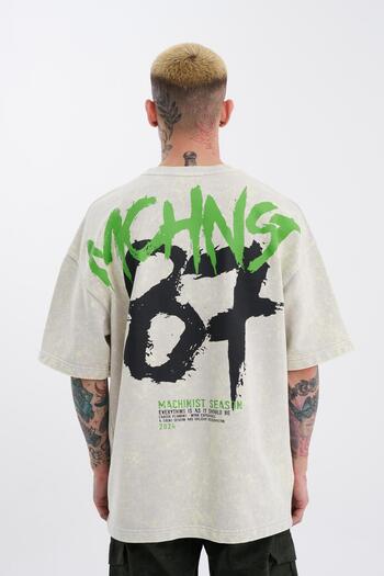 Machinist Men's Light Beige Oversize T-Shirt - Washable Brush Printed Spotted