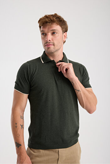 hateko 100% Cotton Contrast Stripe Half Zip Polo Neck Knitwear T-Shirt