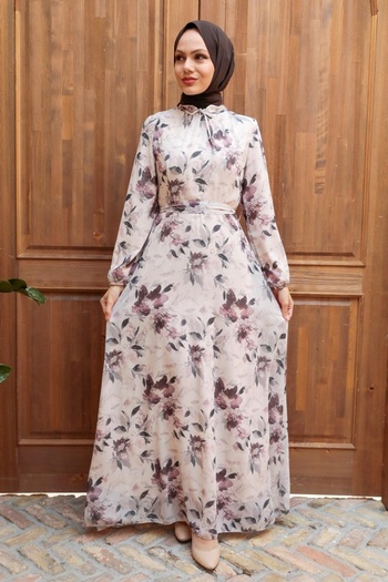 Neva Style Floral Patterned Beige Hijab Dress 279014Beige