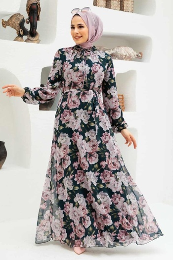 Neva Style Floral Patterned Black Hijab Dress 279058 S