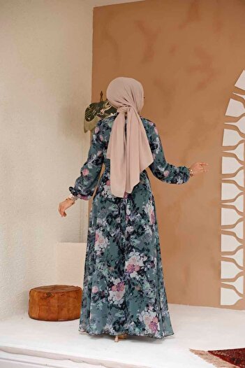 Neva Style Φόρεμα Hijab Χακί με Floral Print 27961HK