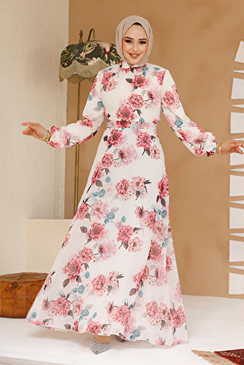Neva Style Çiçek Desenli Beyaz Tesettür Elbise 27965B