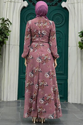 Neva Style Çiçek Desenli Gül Kurusu Tesettür Elbise 279082gk