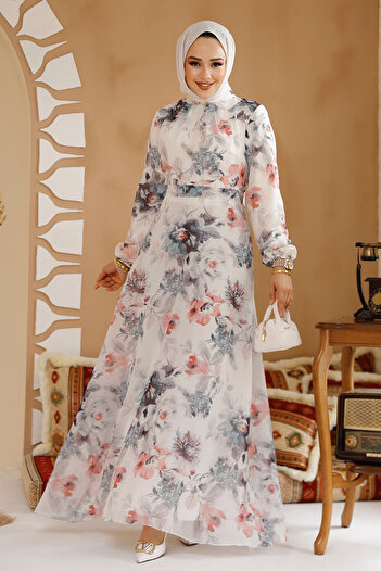 Neva Style Φόρεμα Hijab Λευκό Γκρι με Λουλούδια 27962BGR
