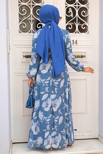 Neva Style Floral Patterned Indigo Blue Hijab Dress 279016 I'M