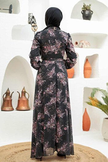 Neva Style Floral Patterned Black Hijab Dress 279036 S