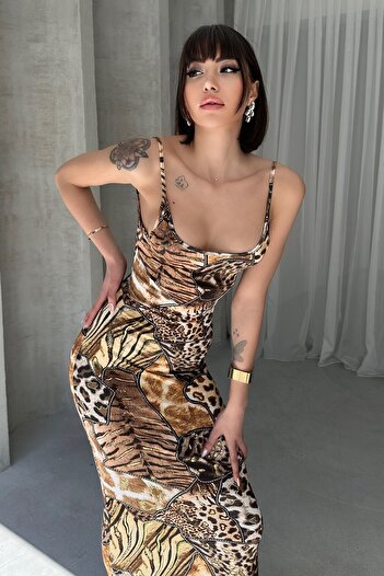 New Now YALDIZLI LEOPAR DESENLİ AYARLANABİLİR ASKILI SANDY ELBİSE
