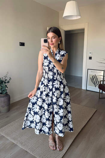 Sue Store Navy Blue White Lily Patterned Gimped Zippered Padded Dress