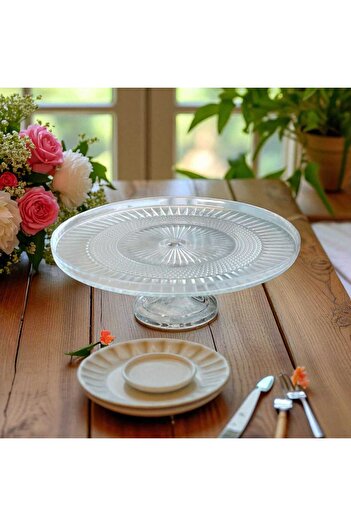 Noah Exclusive 24 cm Glass Footed Presentation Plate - Footed Glass Cake - Pastry Serving Plate