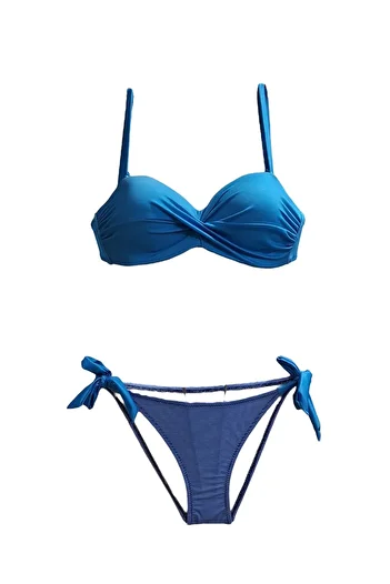 TooHot Women's Striped Light Blue Strapless String Tied Bikini Set