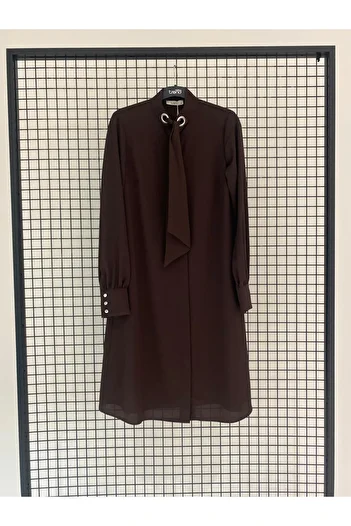 Armine Trend 2025 Spring and Summer Basic Neckline Detailed Scarf Hidden Button Silk Crepe Tunic
