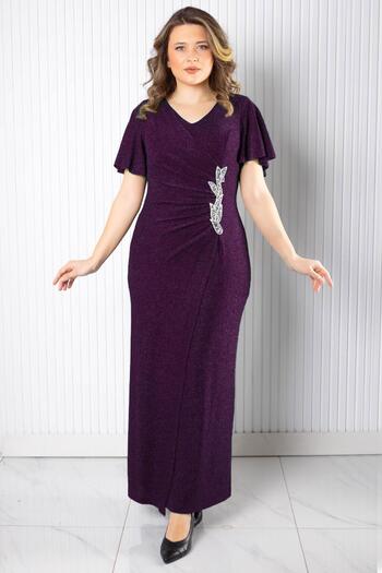 SUBU TASARIM Glitter Evening Dress with Stone Accessories Plum Tbsmda2533