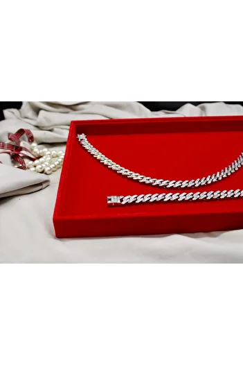 Brand. Iced Out Cuban Link Necklace & Bracelet Set – Silver-Plated, Rhinestone Bling, Hip-Hop Style