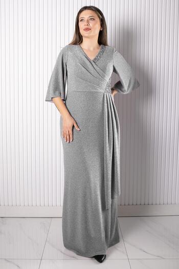 SUBU TASARIM Stone Print Detailed Evening Dress Gray Tbsmda2541