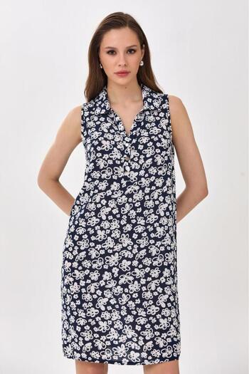 İKİLER Button Front Sleeveless Polo Neck Dress 025-4034