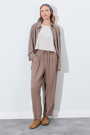 TENA Women's Soil Waist Elastic Carrot Cut Linen Trousers
