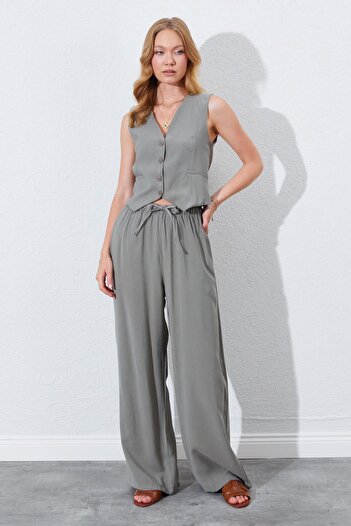 TENA Women's Khaki Wide Leg Elastic Waist Trousers
